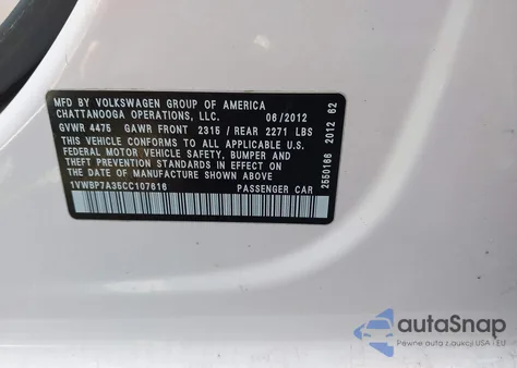 2012 Volkswagen Passat 2.5L Se из США, поврежденный, VIN 1VWBP7A35CC107616